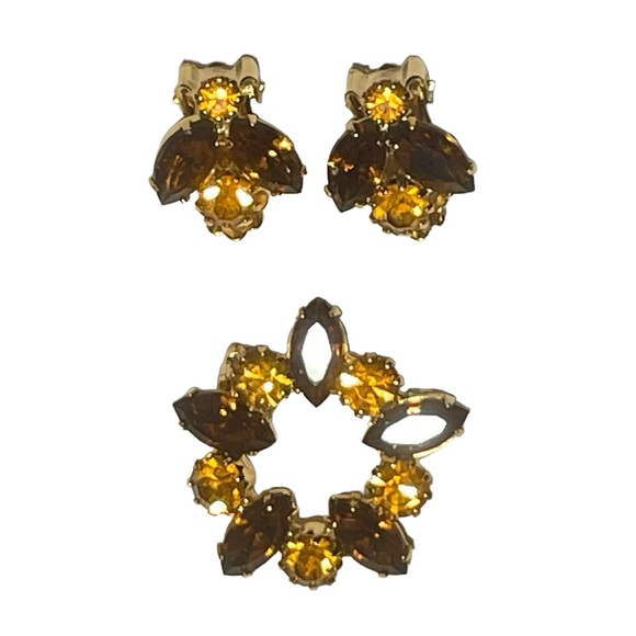 Carnelian & Citrine Color Goldtone Rhinestones Brooch Matching Clip On Earrings - Picture 3 of 7